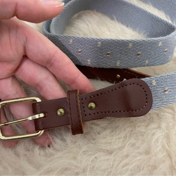 Vintage Woven Knit Preppy Blue Dot Print Genuine Brown Leather Belt - Picture 3 of 5
